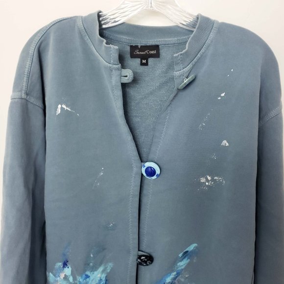 Sunset Coast Women's Slate Blue Waves Button Down Distressed Cardigan Sweater - Picture 2 of 9